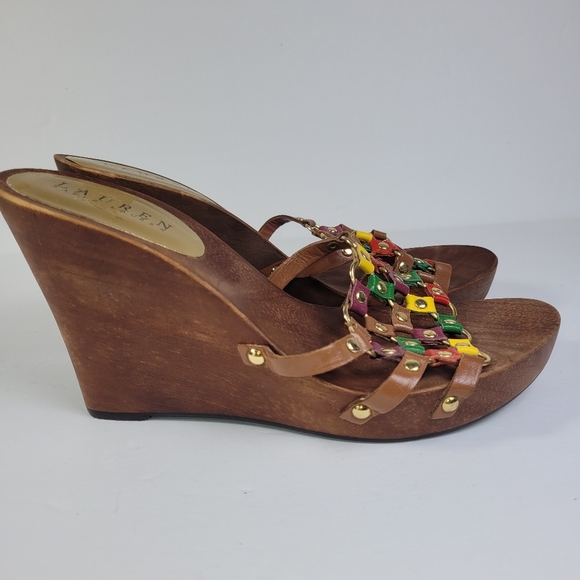 Ralph Lauren Wood Sandal Multi color leather metal Strap - Picture 8 of 11